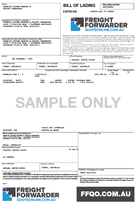 Sample bill of lading